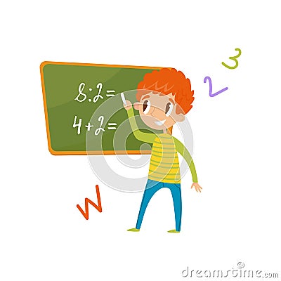 Elementary school student standing near the blackboard and writing mathematical examples, education and knowledge Vector Illustration
