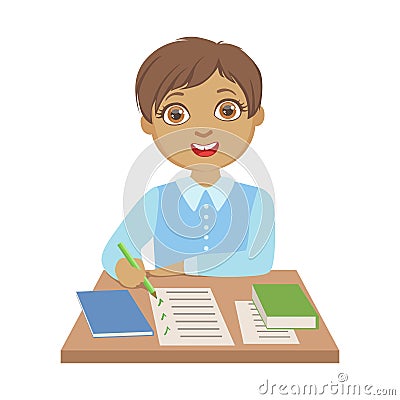 Elementary school student writing at school, a colorful character Vector Illustration