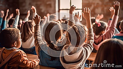 Elementary students actively engage in their class as raise hands. Generative AI Stock Photo