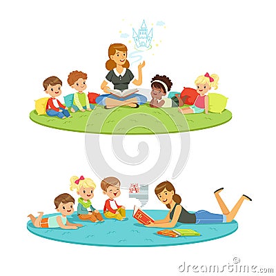 Elementary students and teacher. Children education and upbringing in the kindergarden. Cartoon detailed colorful Vector Illustration