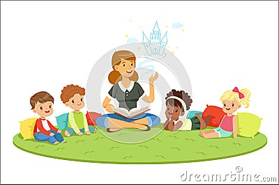 Elementary students and teacher. Children education and upbringing in the kindergarden. Cartoon detailed colorful Vector Illustration