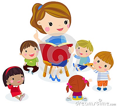 Elementary teacher having a class with group of children. Vector Illustration