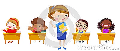 Elementary teacher having a class with group of children. Vector Illustration