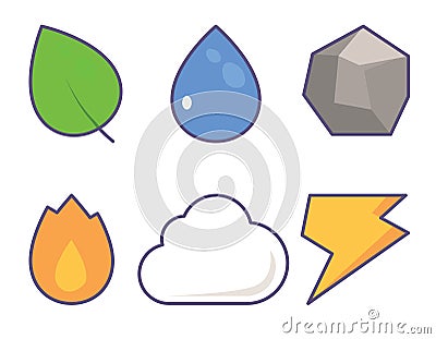 Elements Cute Icon Set. Gas, Water drop, Electricity, Plant symbol, Stone, Cloud. Nature abstract design concept Vector Illustration