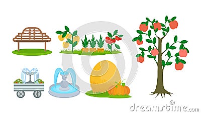 Elements of farm plot, bench for rest, fruit trees, fountains. Vector Illustration