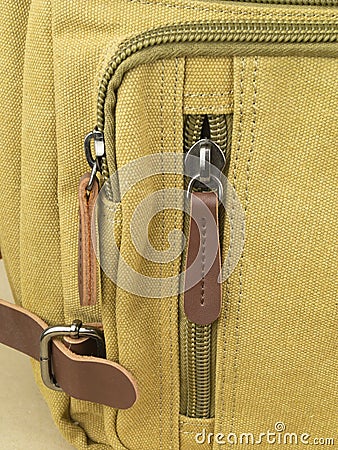 Elements on the leather product: belts, fasteners, fasteners, zippers. Close-up image Stock Photo