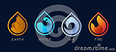 4 Elements of nature symbol - earth water air and fire with sign in line water drop shape on dark blue background vector design Vector Illustration