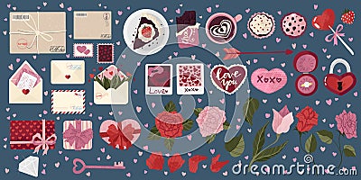 Elements and objects for Valentine`s Day. Postcard, enveloments, hearts, lolipop, coffee, cake, roses, and etc. Vector art. Vector Illustration