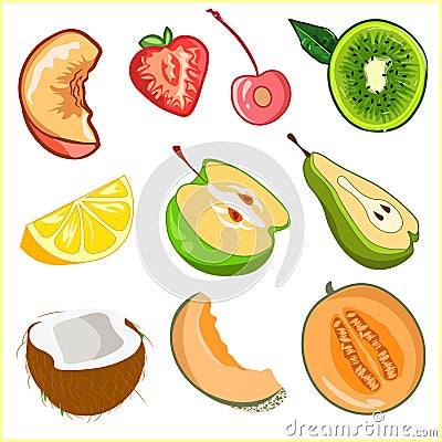 Elements pack of fruit slices and cut in half. Vegetarian small set of natural summer food Vector Illustration