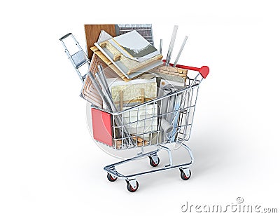 Elements of renovation stacked in a market trolley Cartoon Illustration