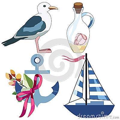1402 elements, set of elements in sea style, gull, yacht, anchor, bottle, vector illustration, for different design Vector Illustration