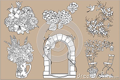 Elements on the theme of the garden. Black and white vector for coloring books. Brick arch Vector Illustration