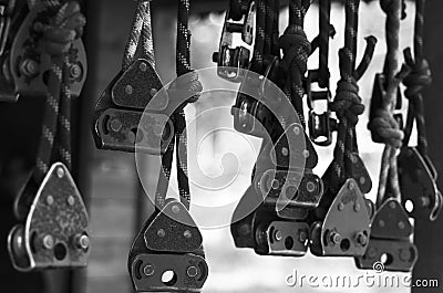 Elements of tourist equipment, climbing, amusement park Stock Photo