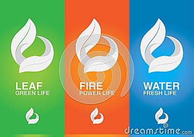 3 elements of the world. Leaf Fire Water. Vector Illustration