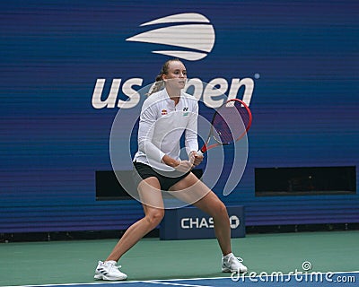 Elena Rybakina of Kazakhstan during practice at the 2023 US Open at Billie Jean King National Tennis Center in New York Editorial Stock Photo