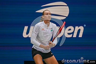 Elena Rybakina of Kazakhstan during practice at the 2023 US Open at Billie Jean King National Tennis Center in New York Editorial Stock Photo