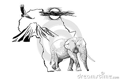 Elephant on Africa map background with Kilimanjaro mountain, vulture and sun Cartoon Illustration