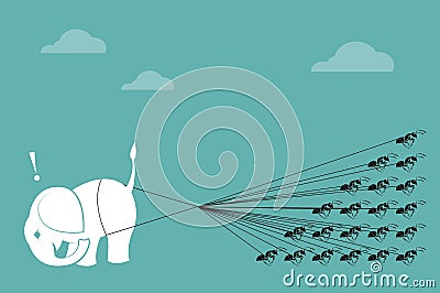 Elephant and ant rope pulling together. Vector Illustration