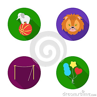 Elephant on the ball, circus lion, crossbeam, balls.Circus set collection icons in flat style vector symbol stock Vector Illustration