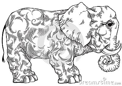 Elephant black and white drawing. Vector Illustration