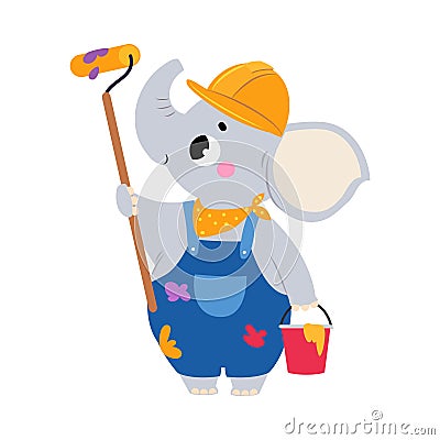 Elephant Builder Character Standing with Paint Roller and Bucket Vector Illustration Vector Illustration
