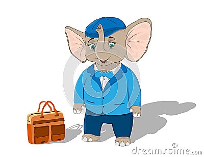 Elephant calf in a blue jacket and peaked cap with an orange briefcase on a white background Vector Illustration