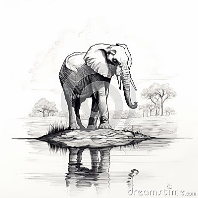 Hyperrealistic Black And White Elephant Illustration On Water Cartoon Illustration