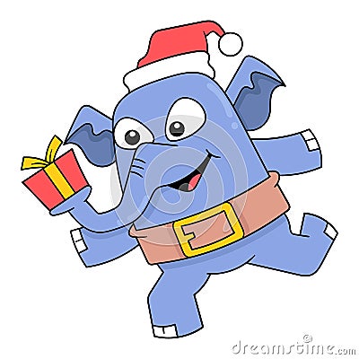 Elephant celebrating christmas carrying a gift box, doodle icon image kawaii Vector Illustration