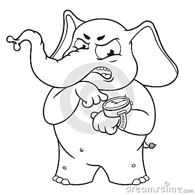 Elephant. Character. Angry pointing at the clock. Big collection of isolated elephants. Vector, cartoon Vector Illustration