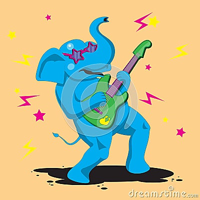 An elephant character plays a guitar on an orange isolated background. Vector image Vector Illustration