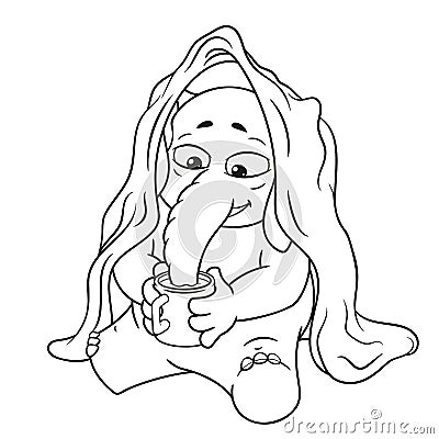 Elephant. Character. He is sitting under a blanket, drinking tea. Big collection of isolated elephants. Vector, cartoon. Vector Illustration