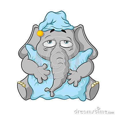 Elephant. Character. Wants to sleep hugging a pillow. Big collection of isolated elephants. Vector, cartoon. Vector Illustration