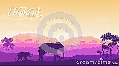 Elephant with children is in the environment illustration. Wild animal against the background of nature africa concept Vector Illustration