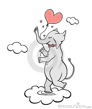 Elephant in clouds with balloon in the form of heart Vector Illustration