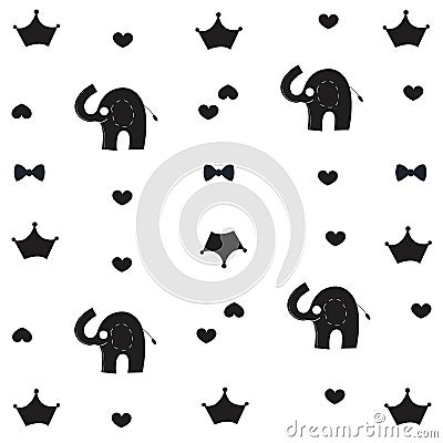 Elephant, crown and bow tie baby black white pattern wallpaper Vector Illustration