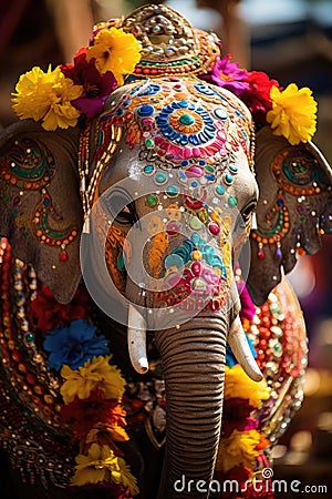 an elephant decorated with colorful flowers Stock Photo