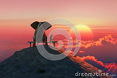 Elephant and dog sit on a mountain top Cartoon Illustration