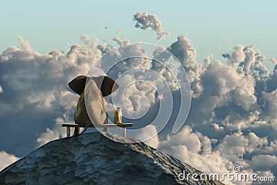 Elephant and dog sit on a mountain top Cartoon Illustration