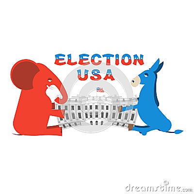 Elephant and Donkey divide White house. Republicans and Democrat Vector Illustration