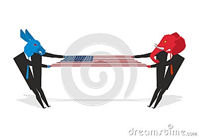 Elephant and donkey pulled american flag. Democrats and Republic Vector Illustration