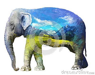 Elephant double exposure illustration Cartoon Illustration