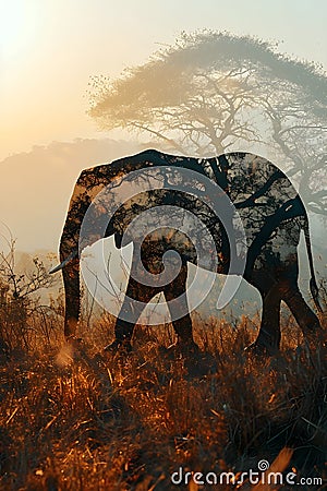 elephant in double exposure merge its Stock Photo