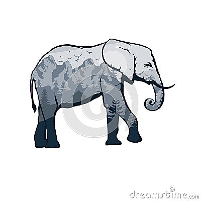 Elephant double exposure. Wildlife for your design, outdoors symbol elephant double exposure. Vector Illustration