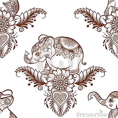 Elephant in eastern ethnic style, traditional indian henna ornament. Vector Illustration