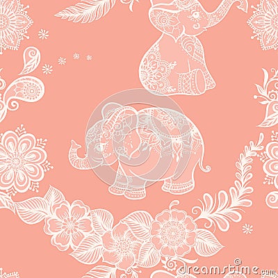 Elephant in eastern ethnic style, traditional indian henna ornament. Vector Illustration