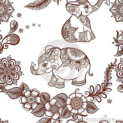 Elephant in eastern ethnic style, traditional indian henna ornament. Vector Illustration