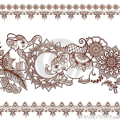 Elephant in eastern ethnic style, traditional indian henna ornament. Vector Illustration