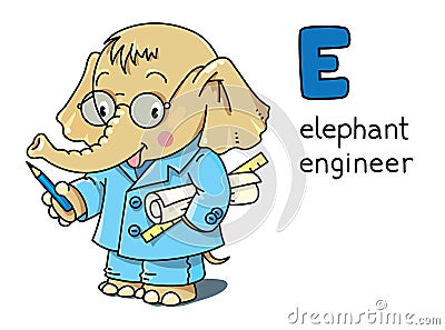 Elephant engineer. Animals and profession ABC. Alphabet E Cartoon Illustration