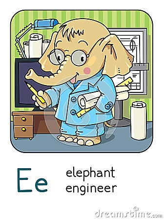 Elephant engineer Funny animals and profession ABC Vector Illustration