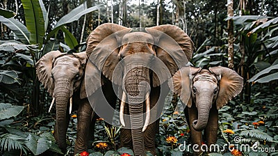 Elephant family in lush jungle passing red heart flowers, showing unique bond and interactions. Stock Photo